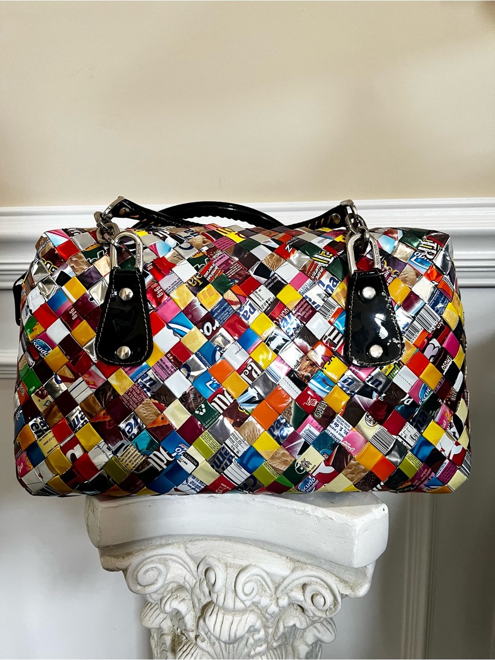 Recycled, Patchwork Hand Woven Candy Wrappers Structured Large Satchel. - Picture 17 of 17